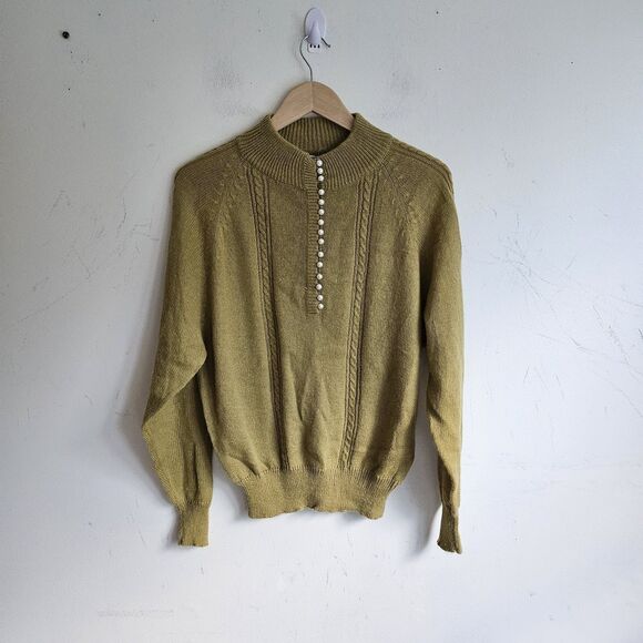 Vintage Crystal-Kobe Cottagecore Green Sweater Pearl Front Mock Turtleneck L - Picture 2 of 7